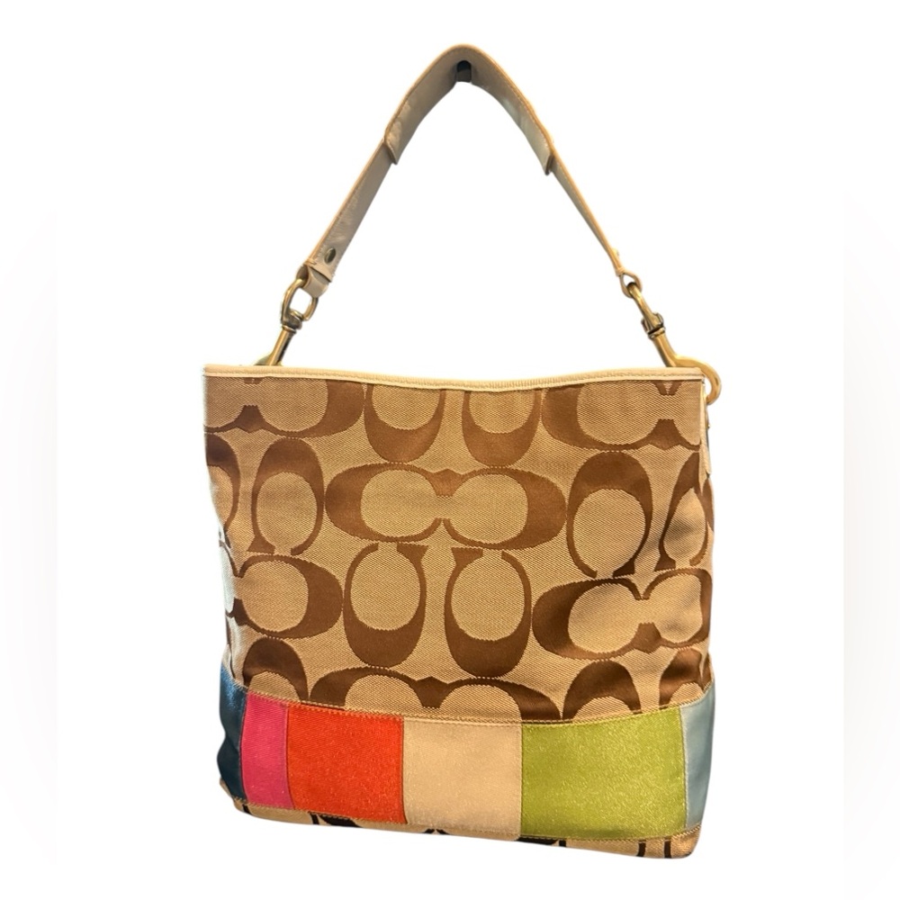 Coach Signature Khaki C Mulitcolor Stripe Large Shoulder Tote Handbag
